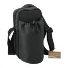 Black insulated bottle cooler bag with adjustable strap and front pocket, tag attached to handle.