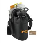 Black shoulder bag with a water bottle, books, and a cloth inside, with DAVIDSON text on it.