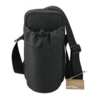 Black insulated bottle carrier bag with a shoulder strap and a tag attached.