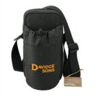 Black insulated bottle bag with orange DAVIDGE SONS logo and an attached eco-friendly tag.
