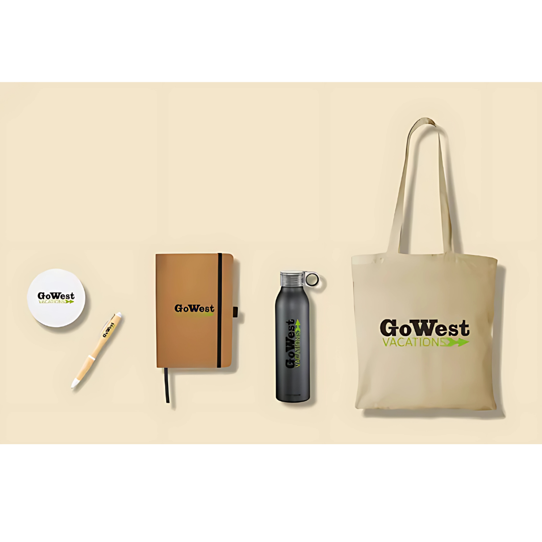 Natro Bulk Work From Home Gift Sets: pen, tape, notebook, bottle & tote in beige.