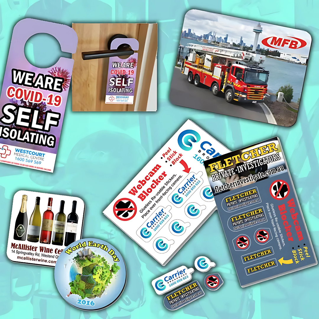Cheap Work From Home Promo Packs with magnets, stickers, and COVID-19 signs on blue surface.