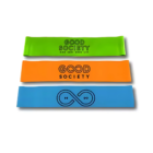 Three colorful resistance bands with GOOD SOCIETY logos from our Home Gym Fitness Packs.