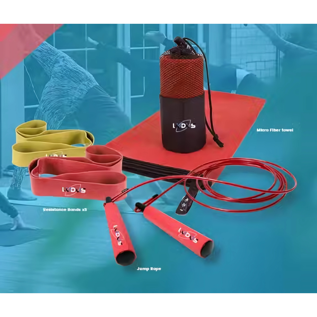Promotional Home Gym Fitness Packs: includes red yoga mat, resistance bands, jump rope, towel.