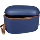 Blue and brown open cooler bag with a shoulder strap.