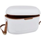 White and brown cooler with a lid and shoulder strap.