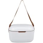 White picnic basket with a brown strap and buckle.