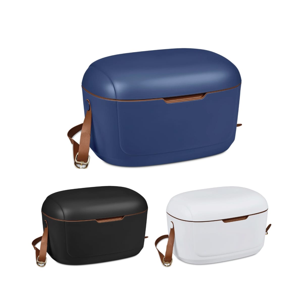 Three oval-shaped cooler bags in blue, black, and white with brown straps.