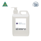 White bottle of Sonic Healthcare SPF 50+ sunscreen with pump dispenser.