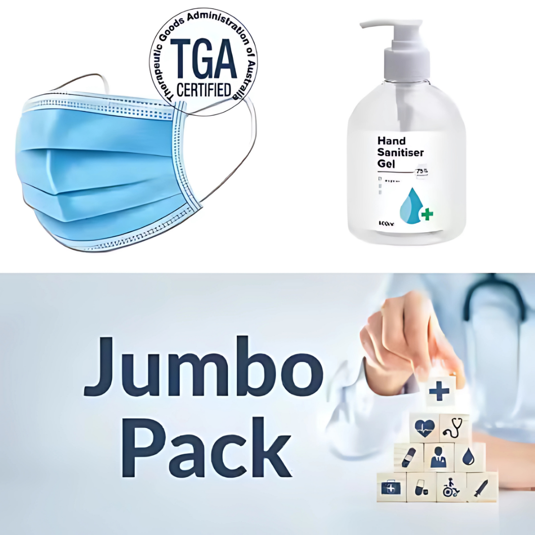 Jumbo Sanitiser and Mask Pack: blue mask, hand sanitizer, medical symbols.