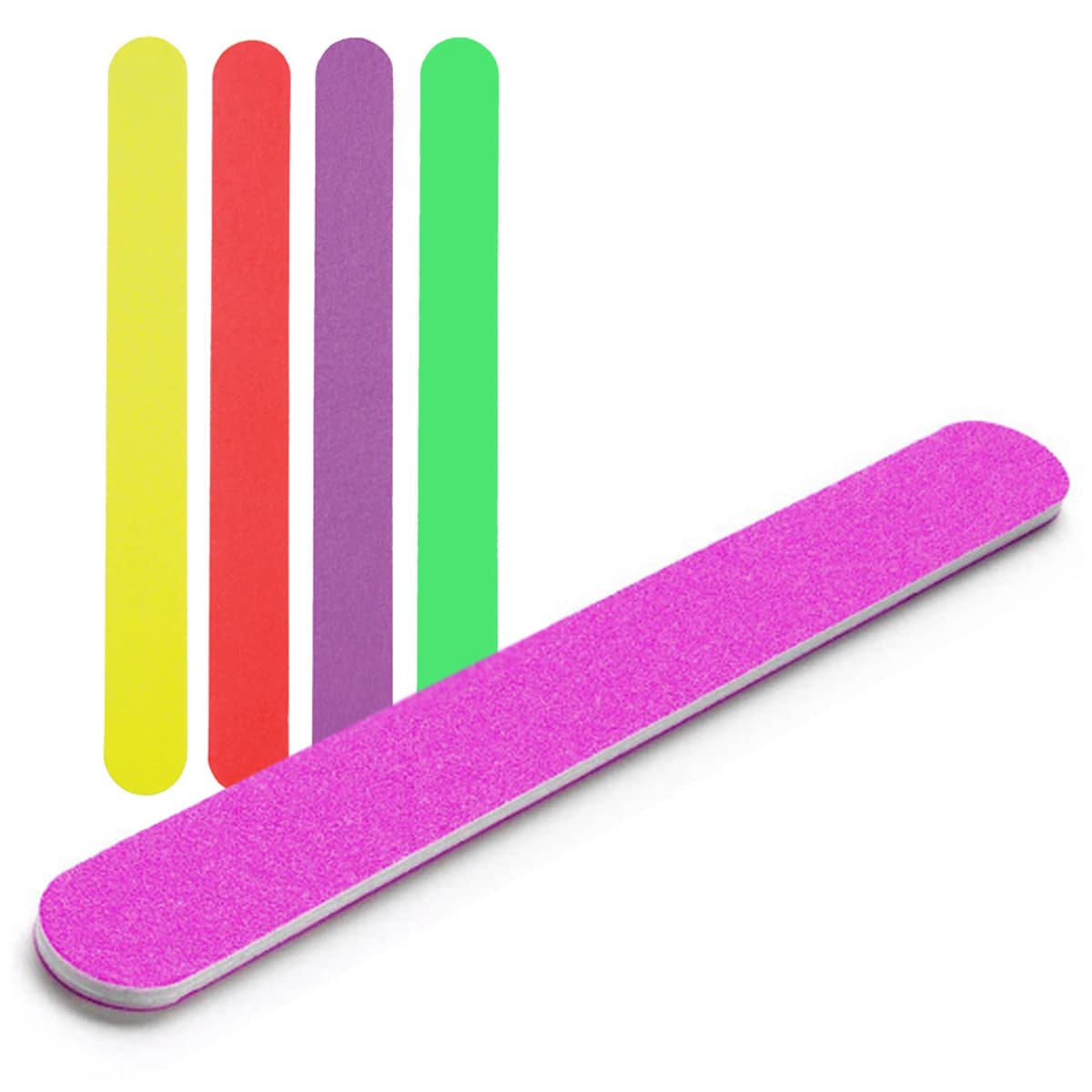 Colorful nail files in pink, red, purple, yellow, and green, with a pink file in the foreground.