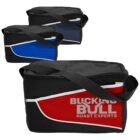 Three insulated lunch bags in black with blue, red, and gray accents, and shoulder straps.