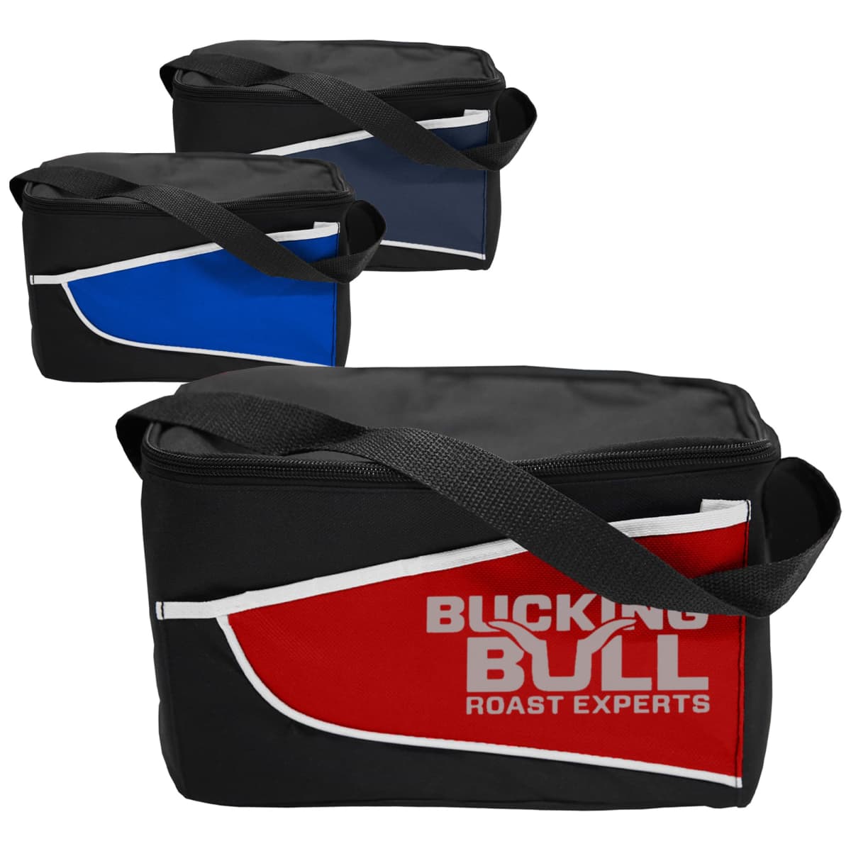 Three insulated lunch bags in black with blue, red, and gray accents, and shoulder straps.