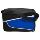 A black and blue insulated lunch bag with a shoulder strap.