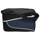 A black and blue insulated lunch bag with a shoulder strap and front pocket.