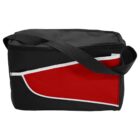 A black and red insulated lunch bag with a shoulder strap and zippered top.