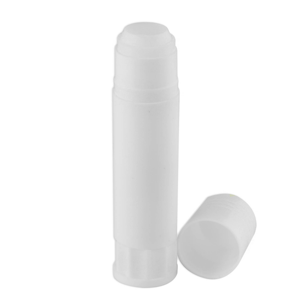 White plastic glue stick, cap off, displaying mini logo.