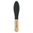Wooden-handled foot file with a black abrasive surface, used for removing calluses.