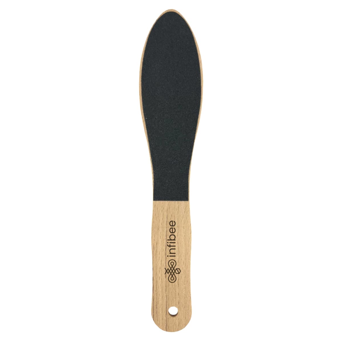 Wooden-handled foot file with a black abrasive surface, used for removing calluses.