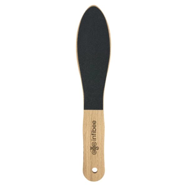 Wooden foot file with a black abrasive surface and a hole at the end of the handle.