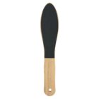 Wooden foot file with a black abrasive surface and a hole in the handle, viewed from above.