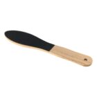 Wooden foot file with a black abrasive surface and a hole in the handle for hanging.