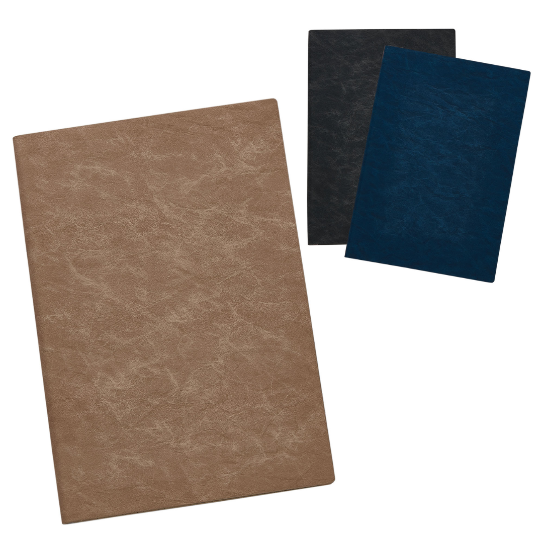 Rustic Look A5 notebooks in brown, blue, black stand out on a white background.