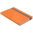 Orange notebook with a textured cover and a gray elastic band securing it closed.