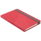 Red notebook with a gray elastic band and geometric pattern on the cover, closed.