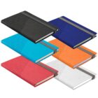 Six colorful notebooks with textured covers and elastic bands, stacked in two rows.