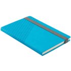 A blue notebook with a gray elastic band and a geometric pattern on the cover.