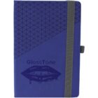 Blue notebook with a geometric pattern, gray elastic band, and GlossTone and lips design.