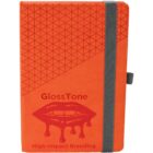 Orange notebook with geometric and lips design, elastic band, and GlossTone branding.