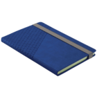 Blue notebook with geometric pattern and gray elastic band, closed and resting flat.
