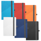 Six colorful notebooks with geometric patterns and elastic bands arranged in two rows.