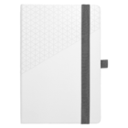 White notebook with a gray elastic band and geometric pattern on the top left corner.