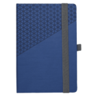 A blue notebook with a geometric pattern and a gray elastic band closure.