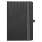 Black notebook with geometric pattern, elastic closure, and pen holder on the right side.