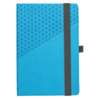Blue notebook with a geometric pattern and black elastic band closure.
