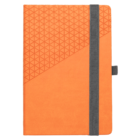 Orange notebook with geometric pattern, gray elastic band, and pen loop on the cover.