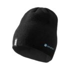 Black knit beanie with a small blue ideator logo on the side against a white background.