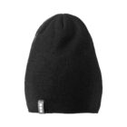 Black knit beanie hat with a small rectangular tag at the bottom front.