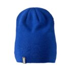Blue knit beanie with a small black tag on the front, shown against a white background.