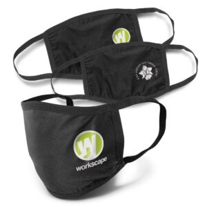 Black reusable face masks printed with Workscape and Hope Nursery and Garden Centre logos.