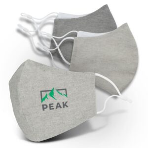 Grey reusable face masks with white ear loops, including one printed with the PEAK mountain logo.