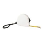 White tape measure with a black strap and yellow measuring tape extended.