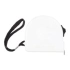 White retractable measuring tape with black wrist strap on a plain background.