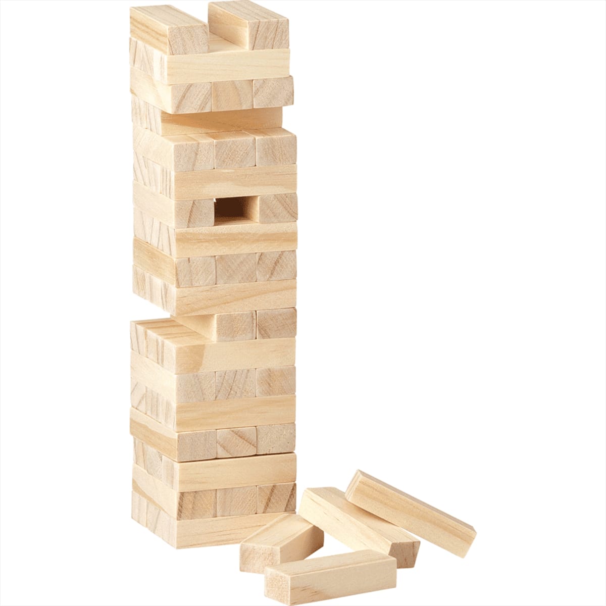A partially built Jenga tower with several wooden blocks removed and placed beside the base.