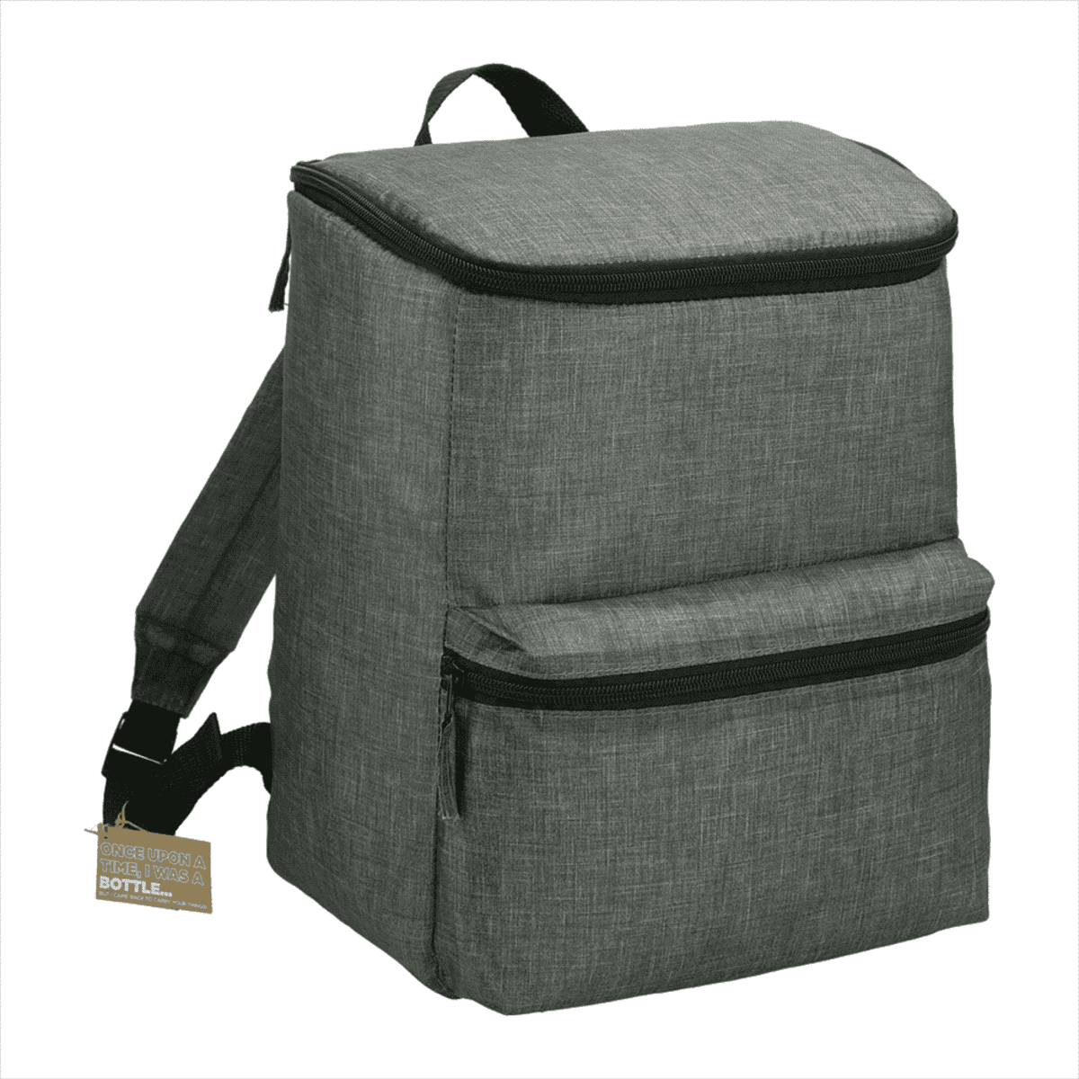 Gray square-shaped backpack with a textured fabric design. It features a top zipper, a front zipper pocket, and adjustable shoulder straps. A small tag is attached to the left strap.