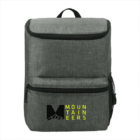 Gray backpack with a front pocket and side mesh pocket. The design features a large black letter M with mountain peaks and the text MOUNTAINEERS in yellow printed on the front.